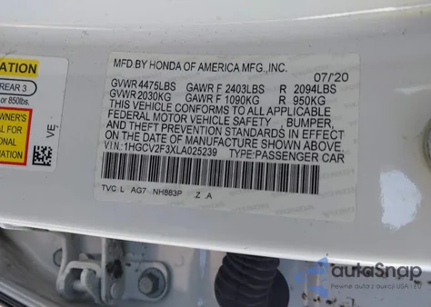 2020 Honda Accord Sport 2.0T из США, поврежденный, VIN 1HGCV2F3XLA025239